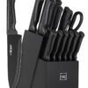Knife Set, 15 Pcs Kitchen Knife Set with Block Self Sharpening, Dishwasher Safe, 6 Steak Knives, Anti-slip handle, Black