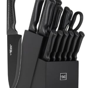 Knife Set, 15 Pcs Kitchen Knife Set with Block Self Sharpening, Dishwasher Safe, 6 Steak Knives, Anti-slip handle, Black
